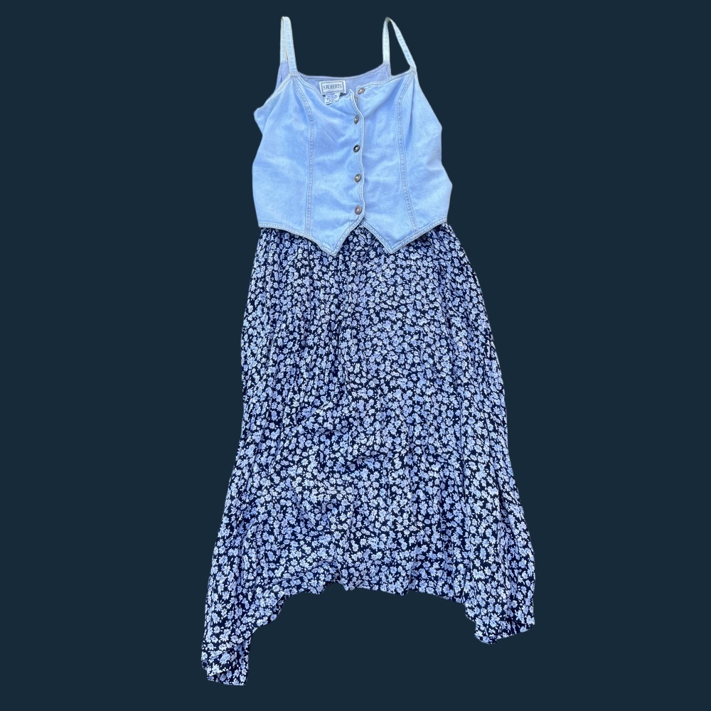 Vintage S Roberts Blue Floral Maxi Dress with Buttoned Denim Bodice vintage 90s